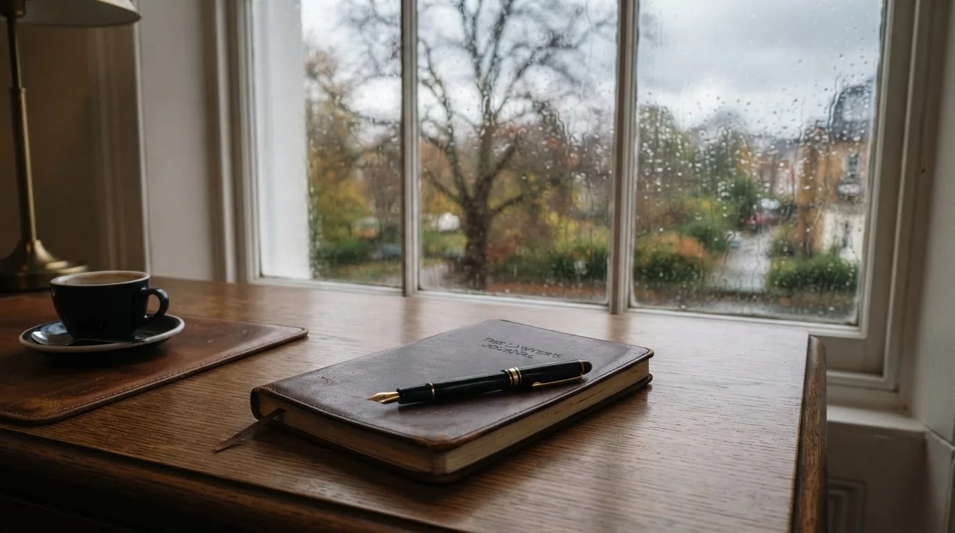 Ein Schreibtisch mit Füllfeder und geschlossenem Notizbuch vor einem Fenster an einem regnerischen Tag, ohne lesbaren Text.