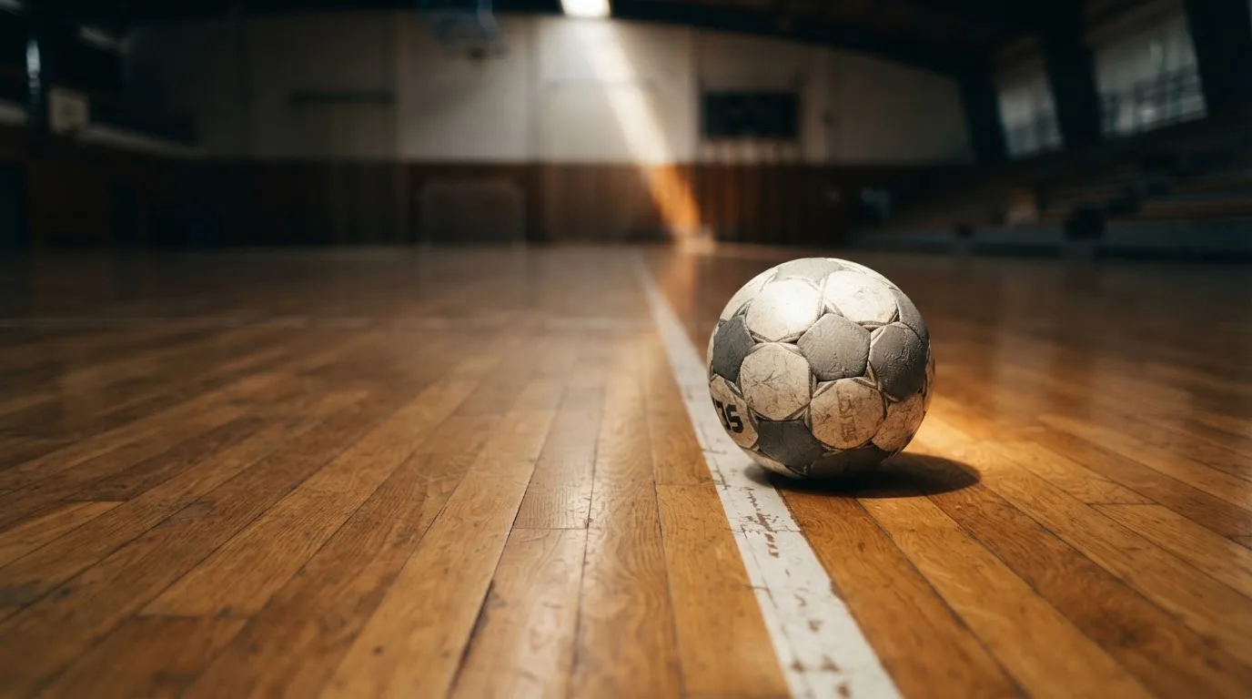 Ein Handball liegt auf dem Parkett einer Halle neben einer Spielfeldlinie, Licht fällt von oben ein.