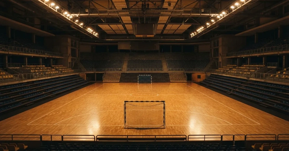 Eine leere Handballhalle von der Tribüne aus gesehen, der Hallenboden glänzt, an beiden Enden stehen Tore.