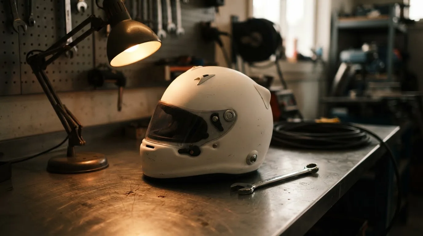 Ein Helm ohne Aufdruck steht auf einem Metalltisch in einer Werkstatt, daneben ein Schraubenschlüssel im Licht einer Lampe.