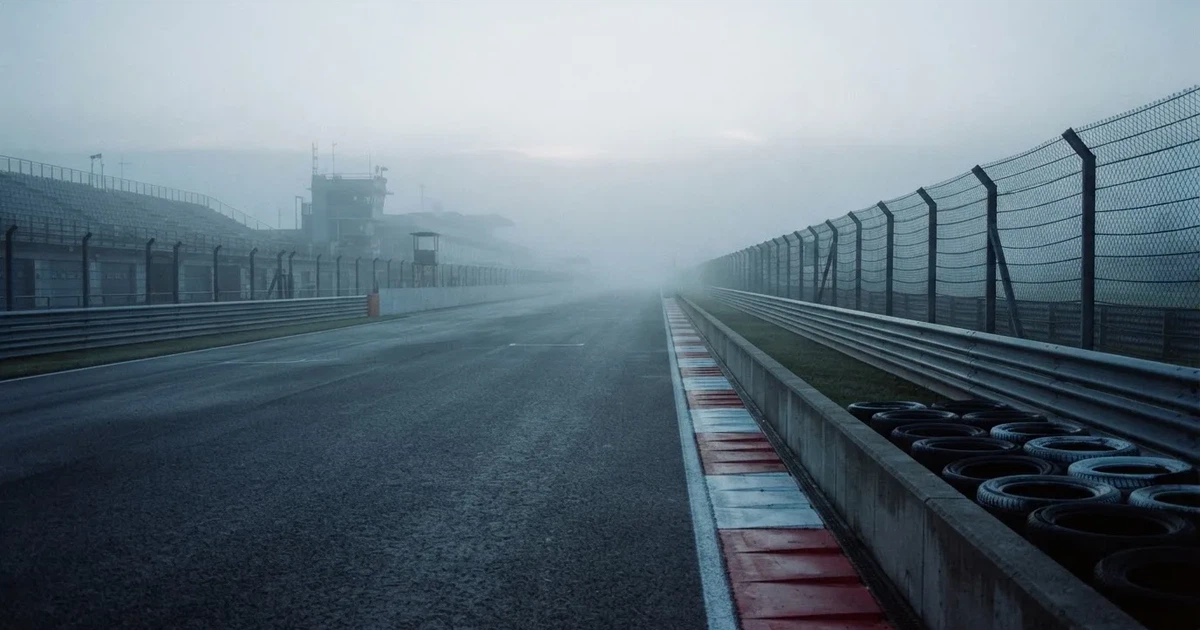 Eine Rennstrecke im Morgennebel, leere Gerade mit Randsteinen, Reifenstapeln und Leitplanken, keine Fahrzeuge im Bild.