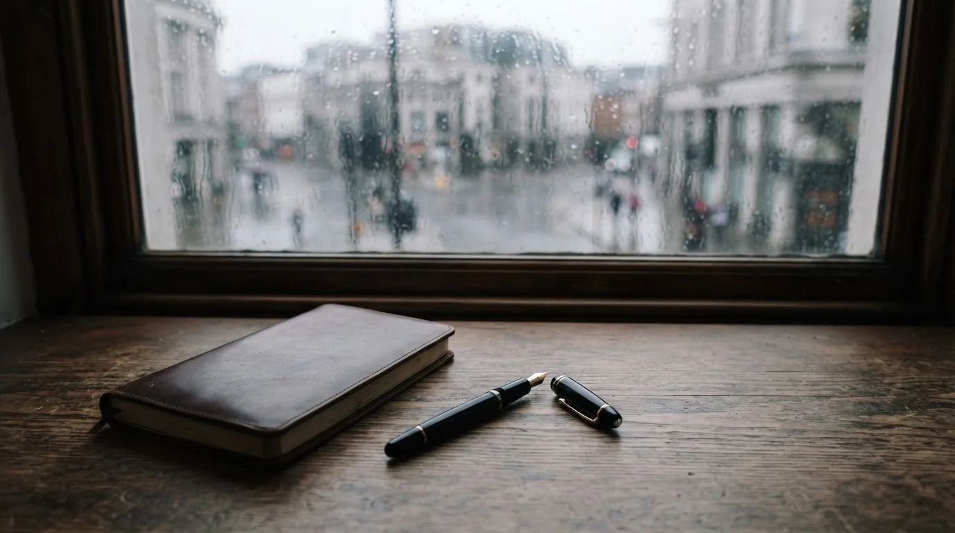 Ein Schreibtisch mit Füllfeder und geschlossenem Notizbuch vor einem regennassen Fenster, die Szene ist ruhig und ohne lesbaren Text.