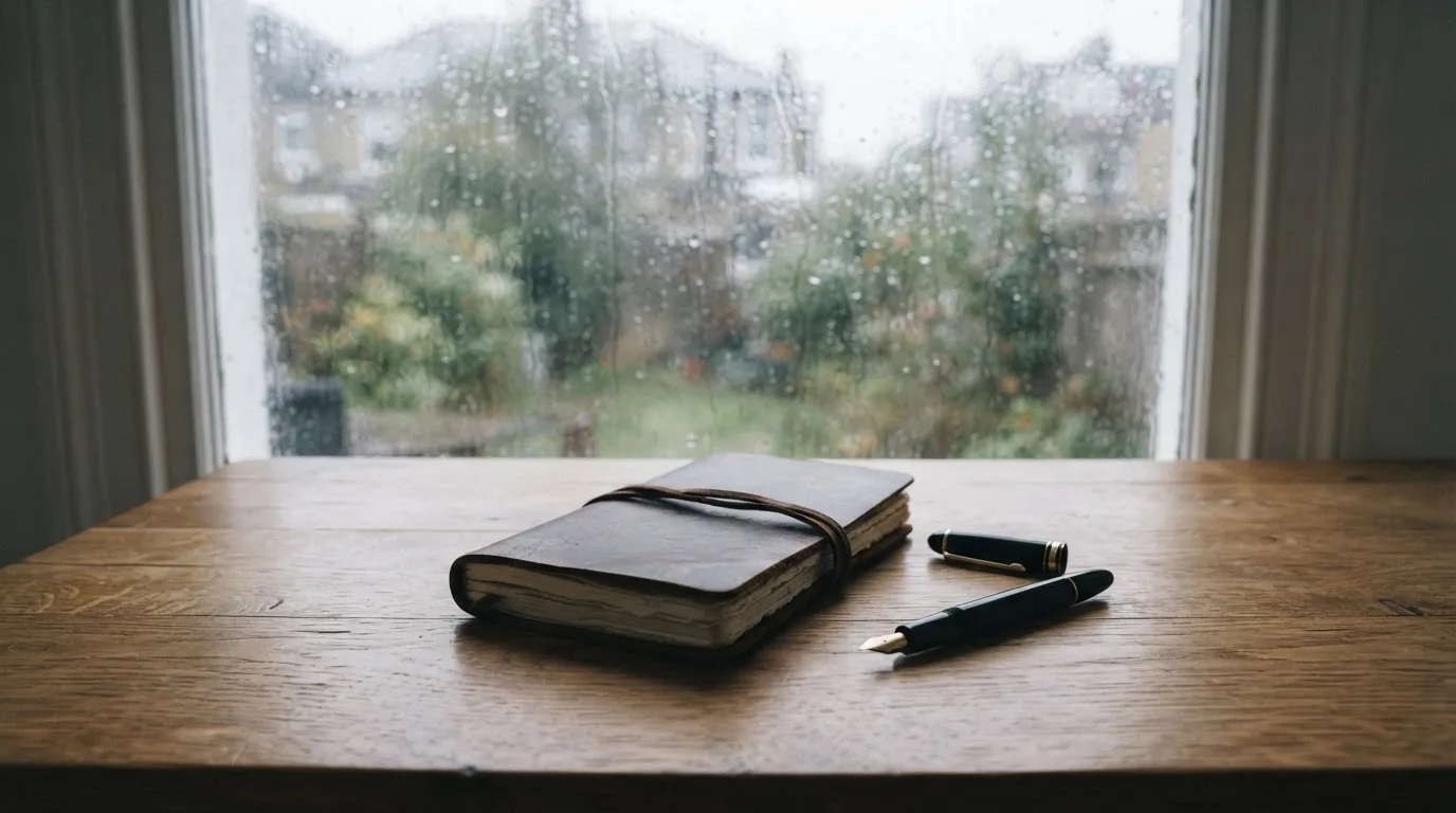 Ein Schreibtisch mit Füllfeder und geschlossenem Notizbuch vor einem regennassen Fenster, die Szene ist ruhig und ohne lesbaren Text.