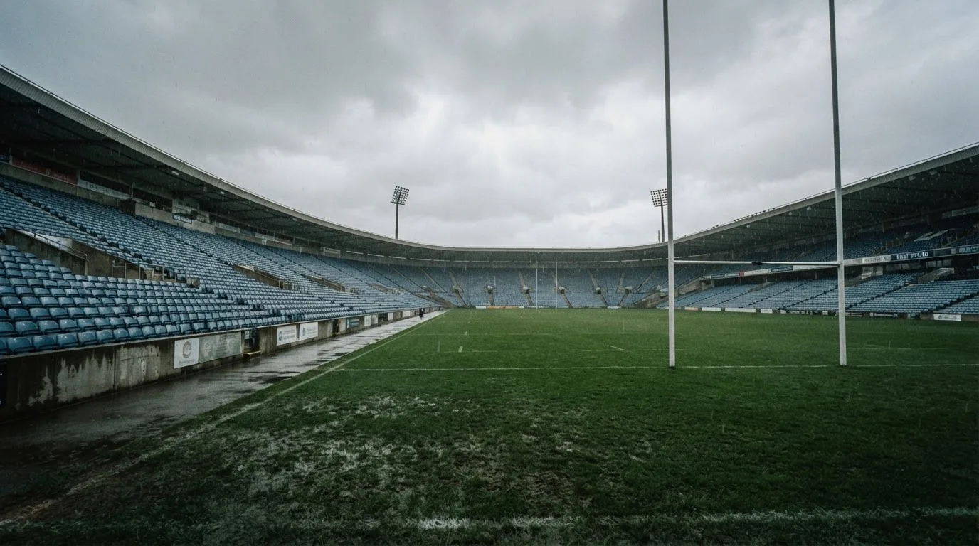Die leere Tribüne eines Stadions mit Torstangen im Hintergrund, feiner Regen fällt über den Rängen.