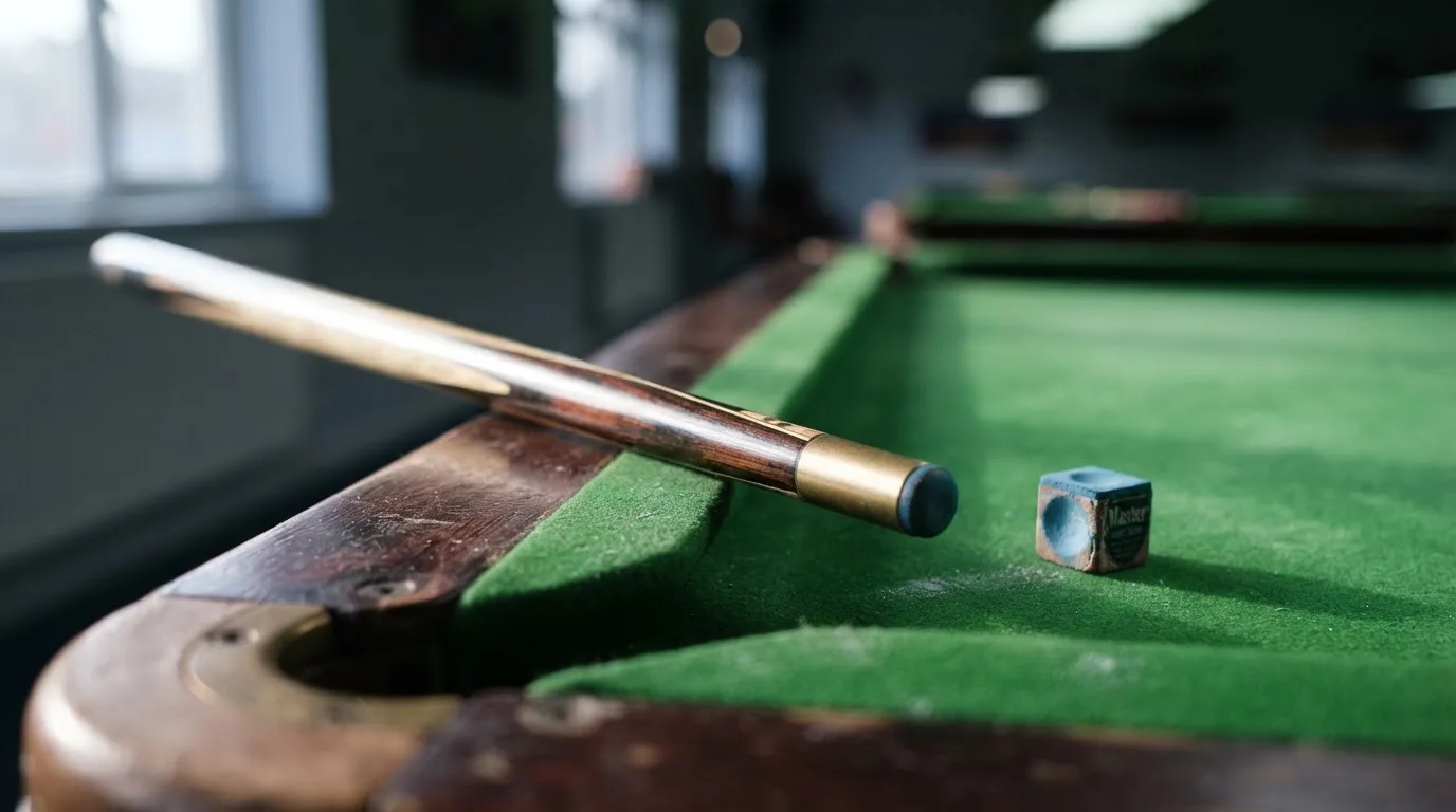 Ein Queue lehnt an der Kante eines Tisches, daneben liegt ein Stück blaue Kreide, Nahaufnahme im Seitenlicht.