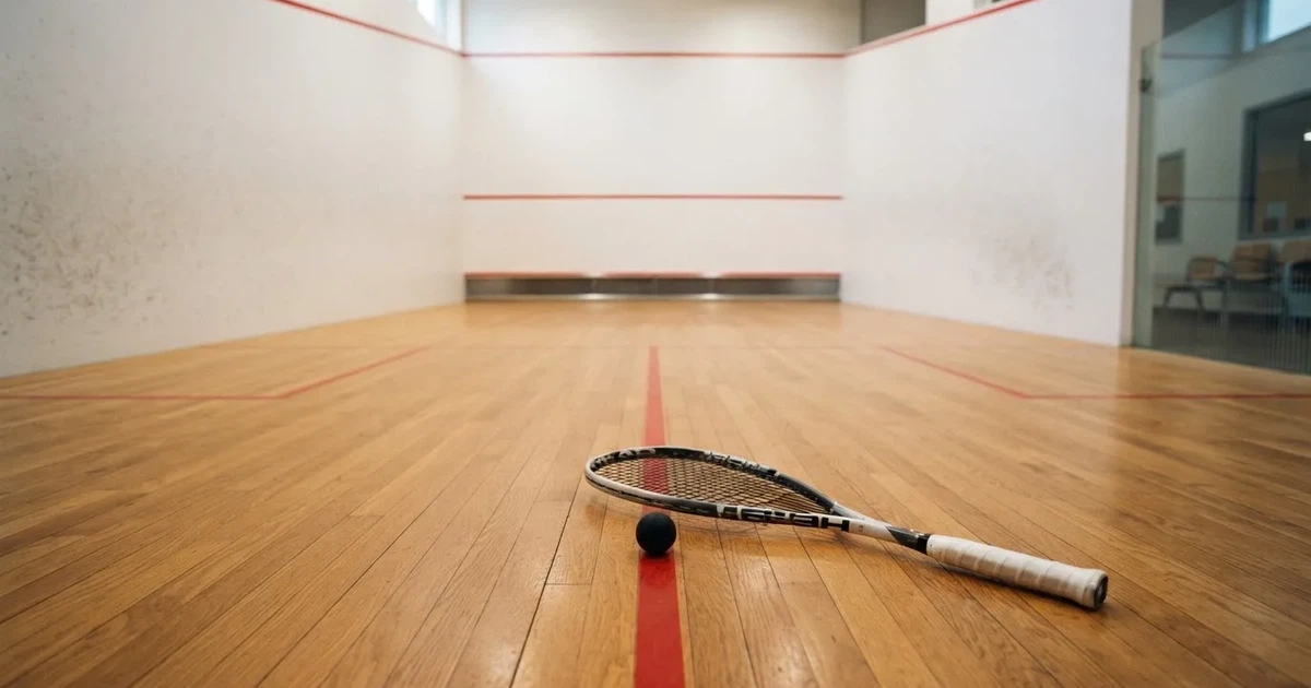 Squashhalle mit weißen Wänden und hellem Holzboden, ein kleiner schwarzer Gummiball liegt neben einem Schläger auf der Linie, weiches Hallenlicht.
