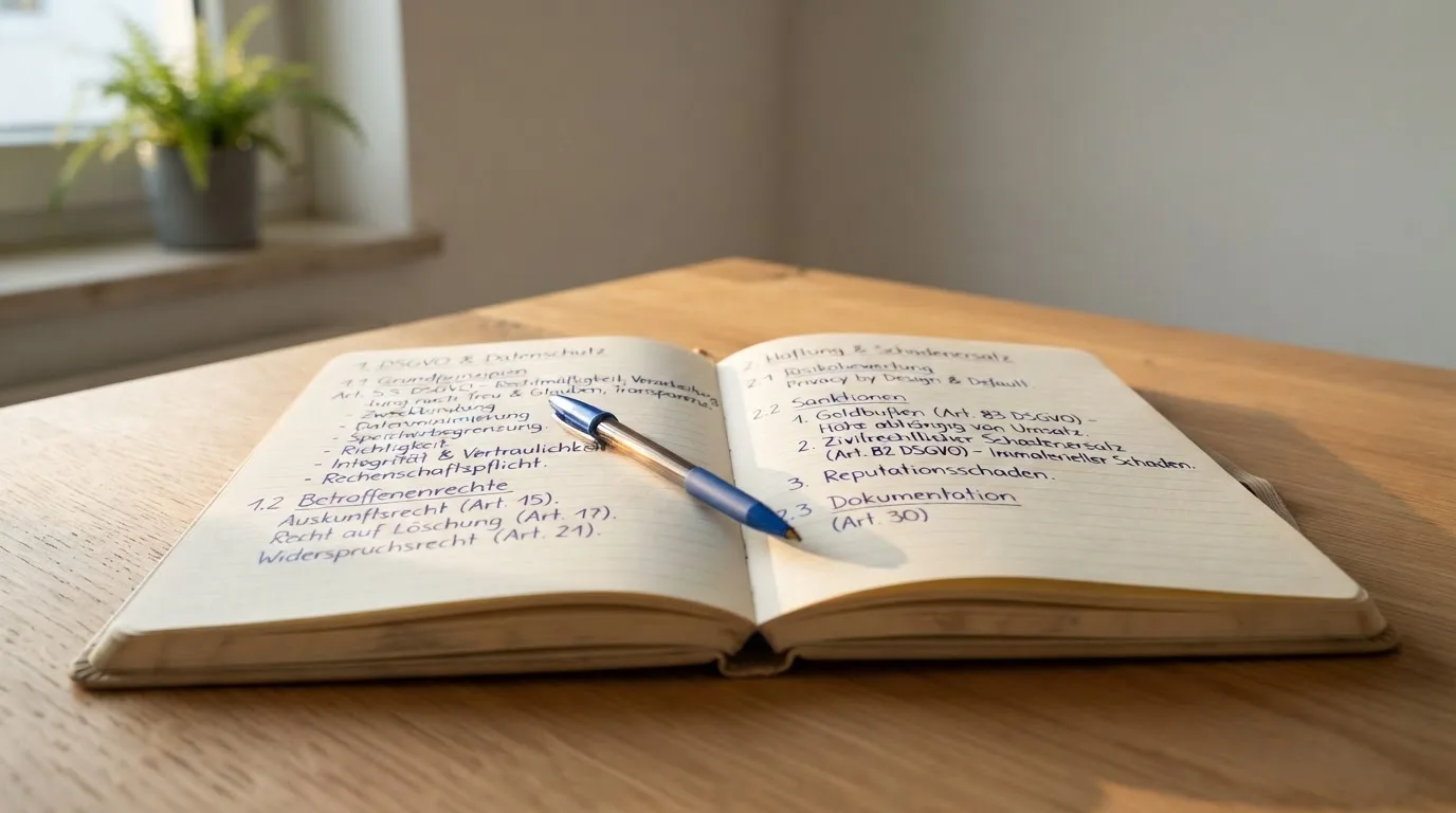 Ein aufgeschlagenes Notizbuch mit handgeschriebenen Stichworten liegt neben einem Kugelschreiber auf einem Holztisch, Tageslicht fällt von der Seite.