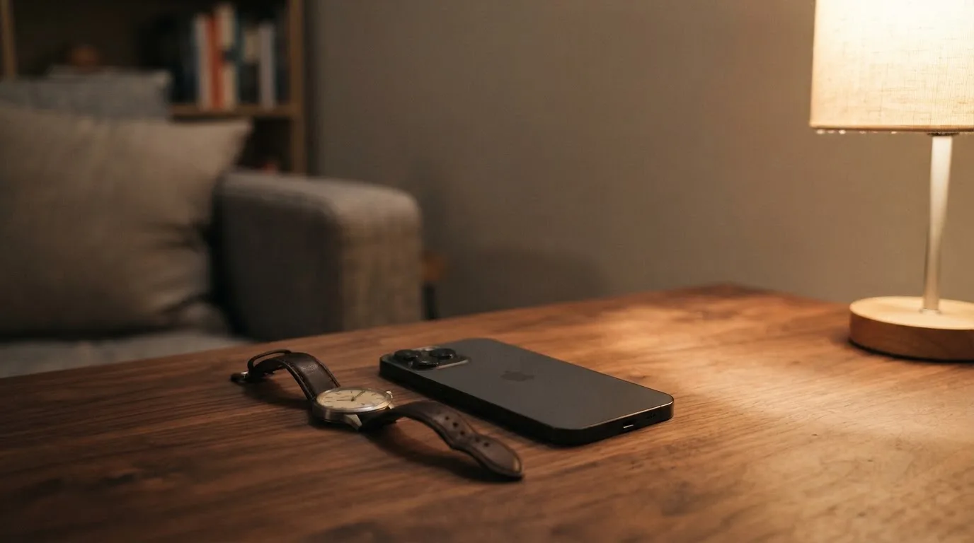 Ein Smartphone liegt mit dem Display nach unten auf einem Tisch neben einer Armbanduhr, im Hintergrund eine ruhige Wohnzimmerecke am Abend.