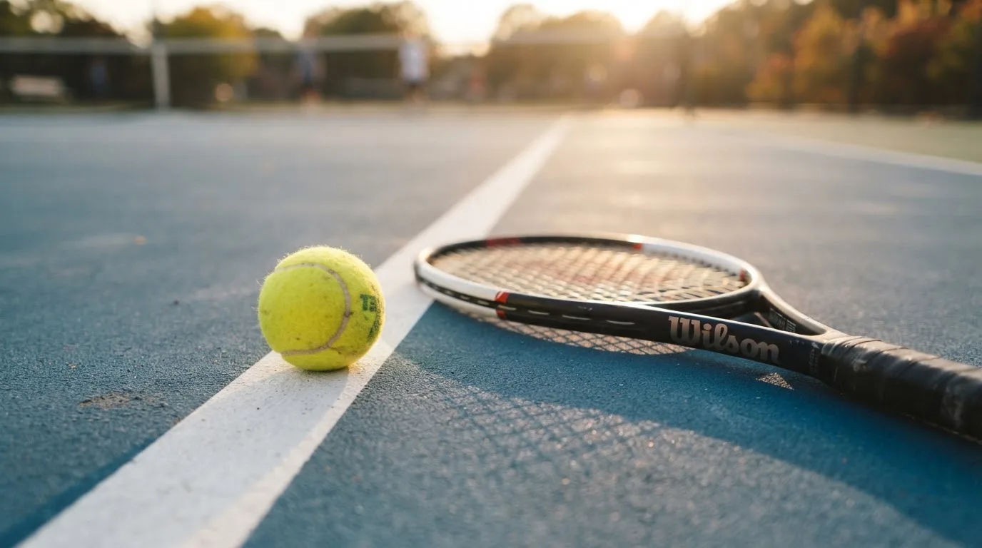 Ein gelber Tennisball liegt auf der weißen Linie eines Hartplatzes, davor ein Schläger mit der Bespannung nach oben, flaches Gegenlicht.