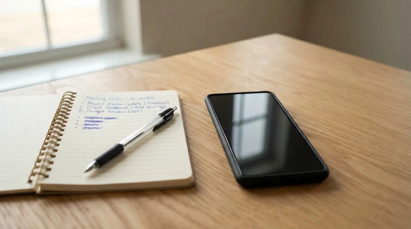 Ein Smartphone mit dunklem Display liegt auf einem Holztisch neben einem Notizblock und einem Stift, Tageslicht von links.