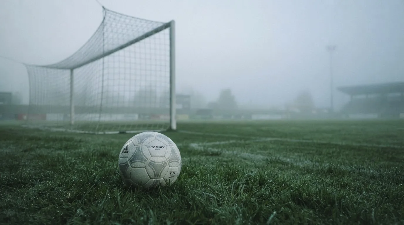 Ein Fußballtor im Nebel eines frühen Morgens, das Netz hängt feucht, auf dem Rasen davor liegt ein einzelner Ball.