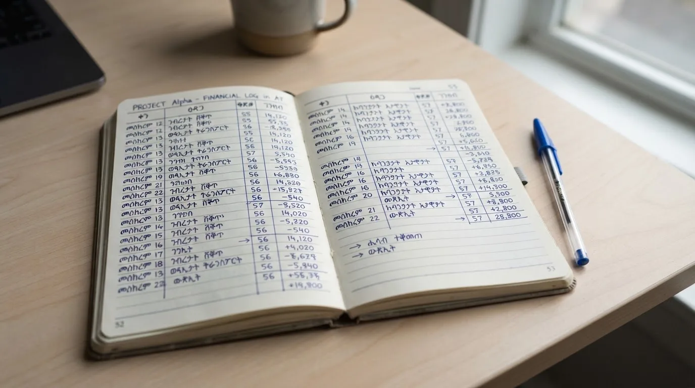 Ein Notizbuch mit handschriftlichen Zahlenreihen liegt neben einem Taschenrechner auf einem hellen Tisch, Tageslicht fällt von der Seite.