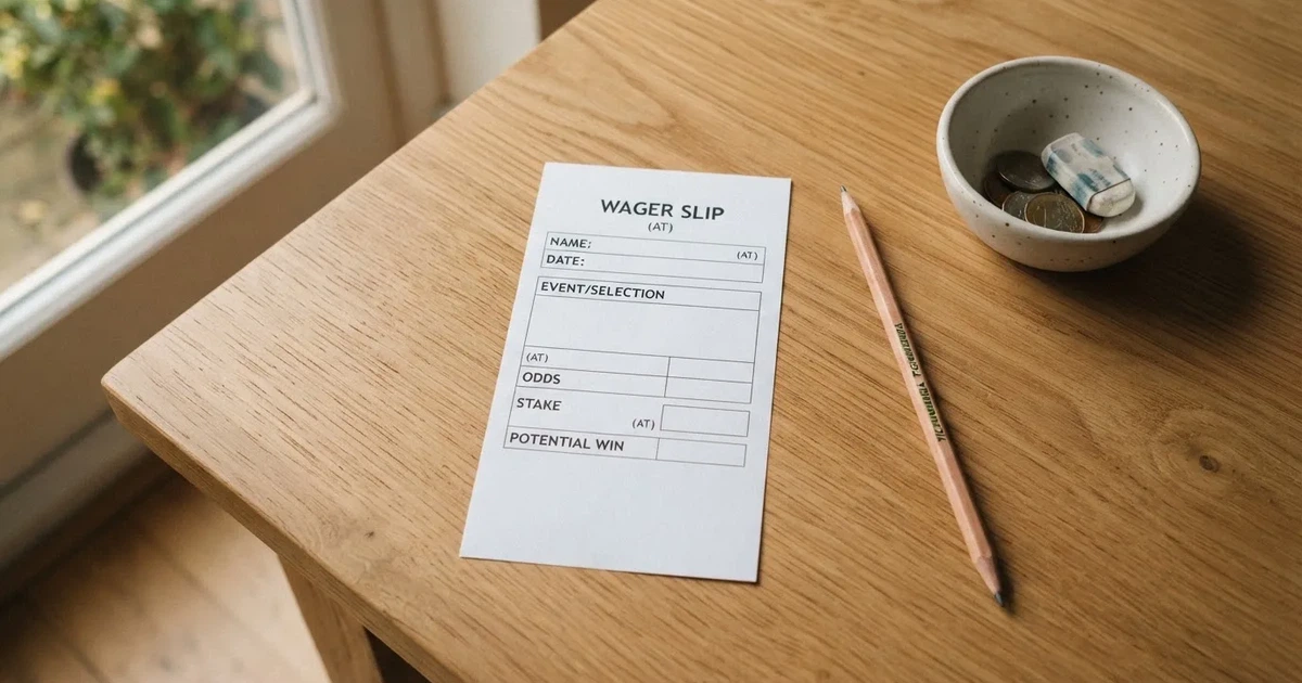 Ein blanker Wettschein aus Papier liegt neben einem Bleistift auf einem hellen Holztisch, daneben eine kleine Schale, ohne erkennbare Schrift.