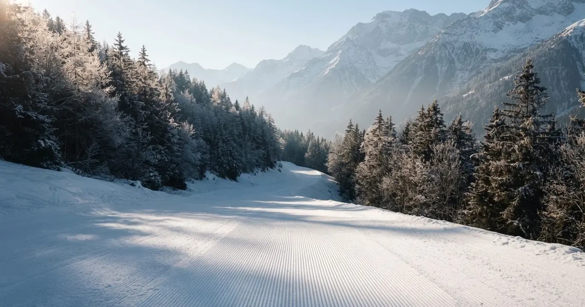 Ein verschneiter Skihang im Winterlicht mit einer leeren Liftspur, im Hintergrund Nadelwald und klarer Himmel, keine Personen.
