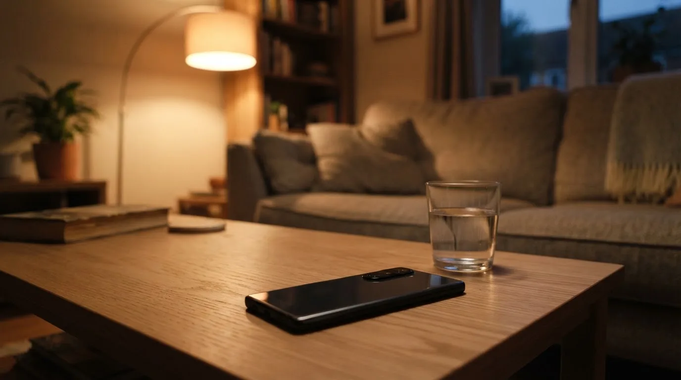 Ein Smartphone liegt mit dem Display nach unten auf einem Holztisch neben einem Glas Wasser, ruhige Abendstimmung in einem Wohnzimmer.