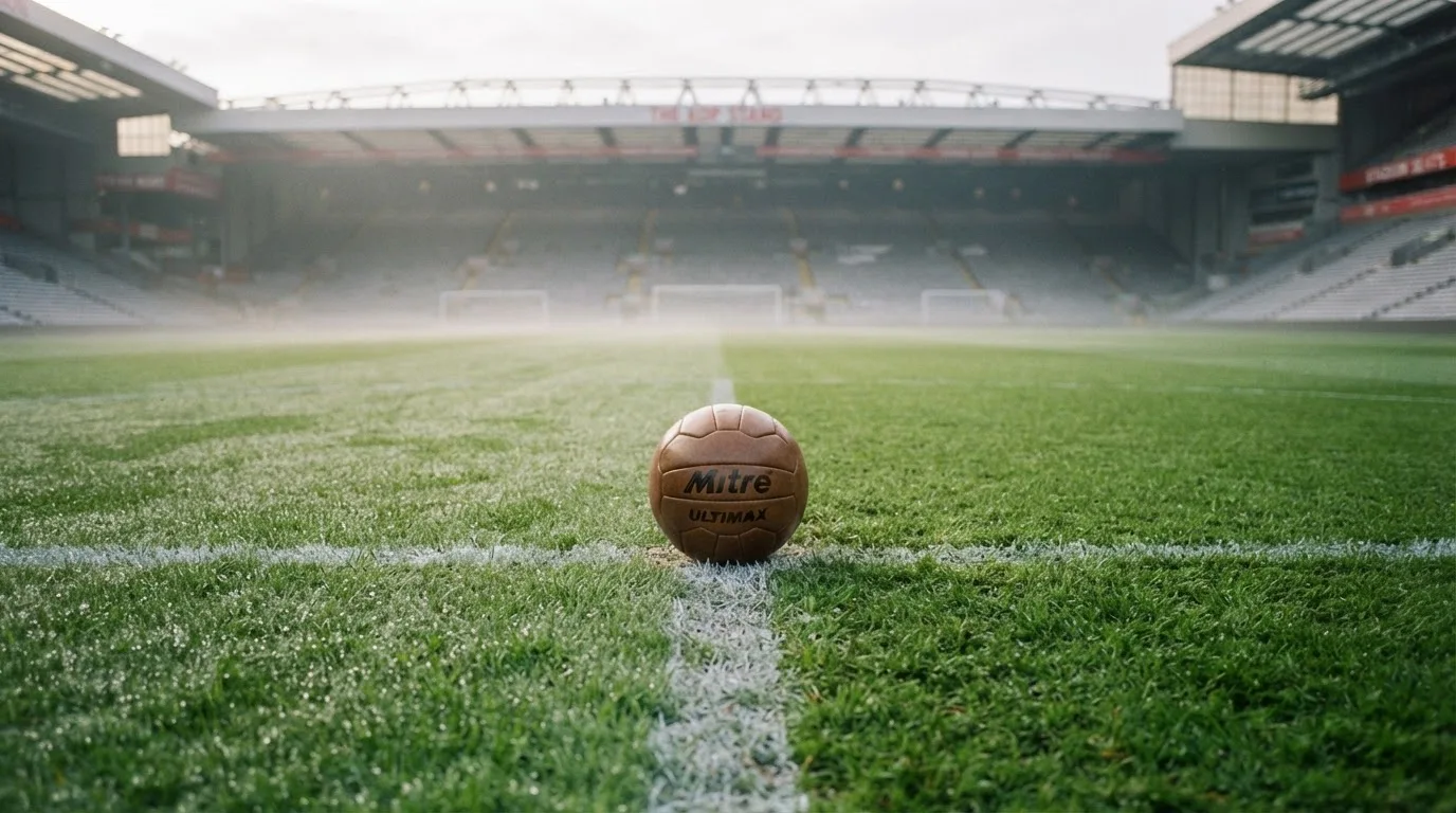 Ein Fußball auf dem Mittelpunkt eines Rasenplatzes, früher Morgen, Tau auf dem Gras, im Hintergrund leere Tribünen.