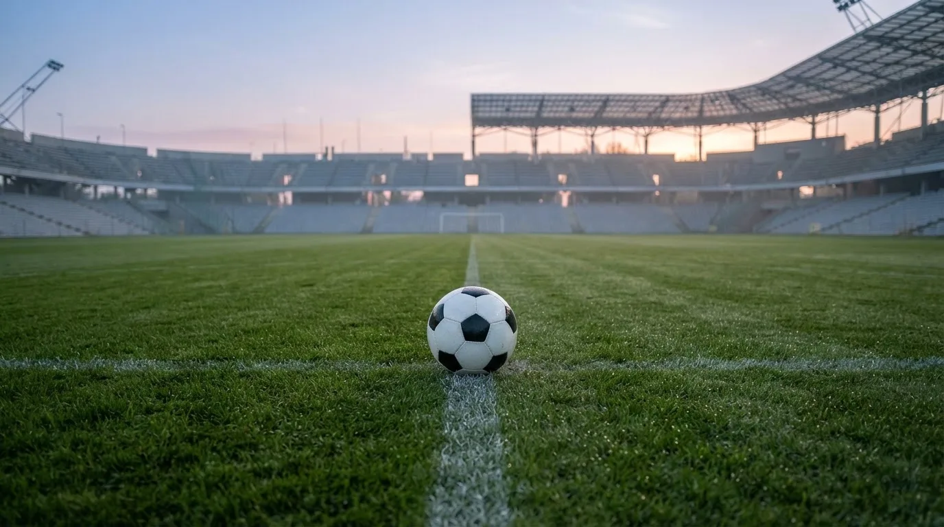 Ein Fußball auf dem Mittelpunkt eines Rasenplatzes, früher Morgen, Tau auf dem Gras, im Hintergrund leere Tribünen.