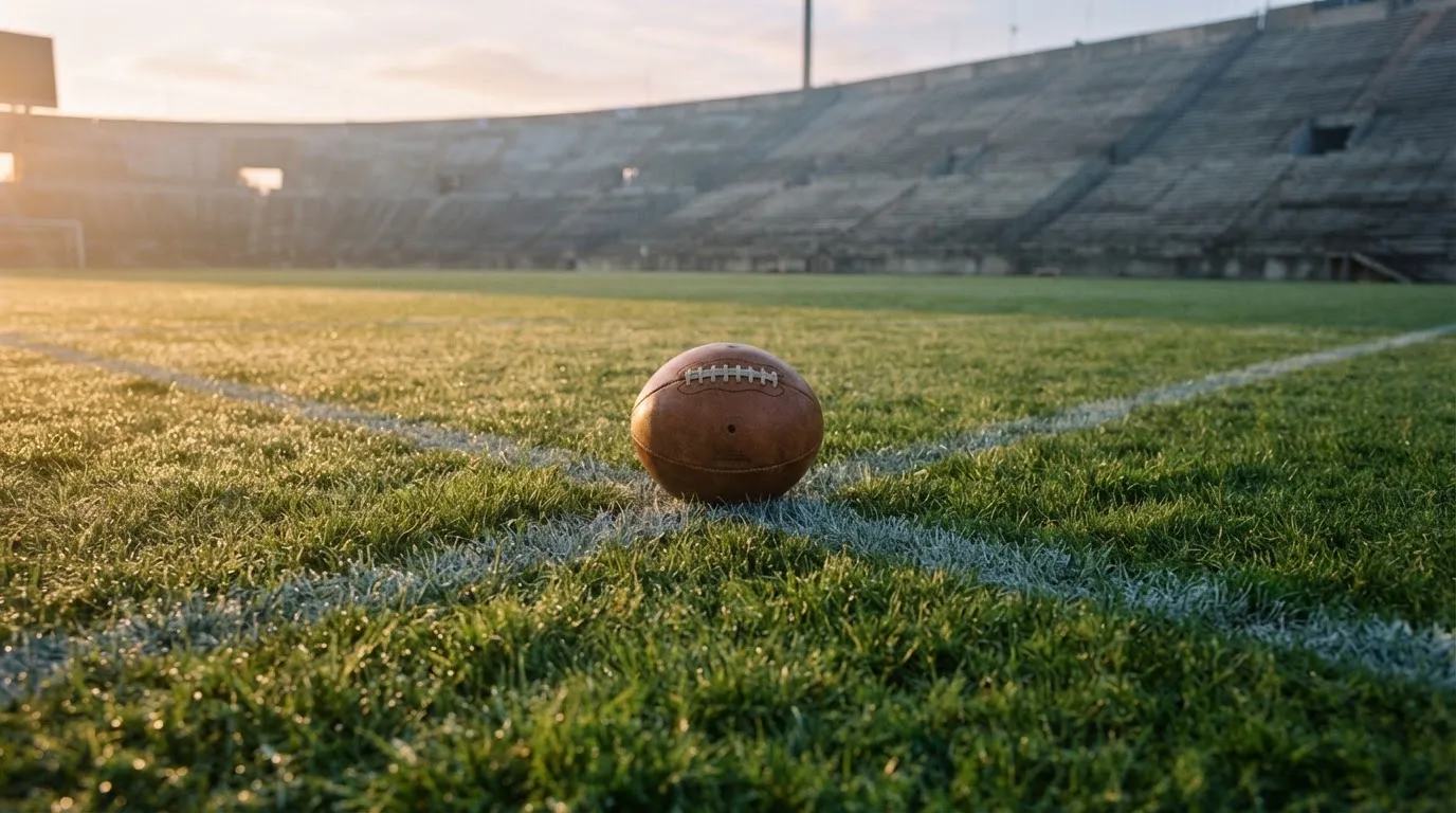 Ein Fußball auf dem Mittelpunkt eines Rasenplatzes, früher Morgen, Tau auf dem Gras, im Hintergrund leere Tribünen.