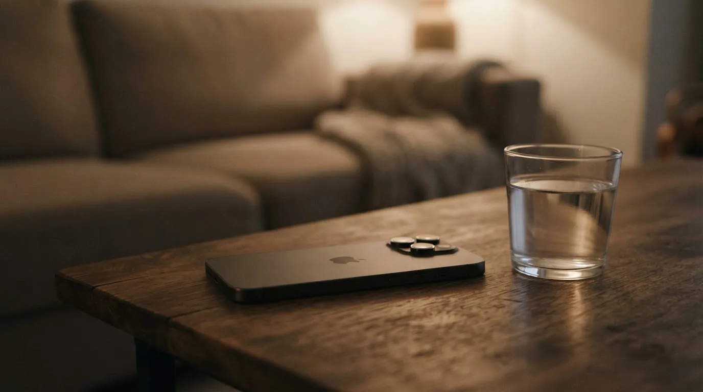 Ein Smartphone liegt mit dem Display nach unten auf einem Holztisch neben einem Glas Wasser, ruhige Abendstimmung in einem Wohnzimmer.