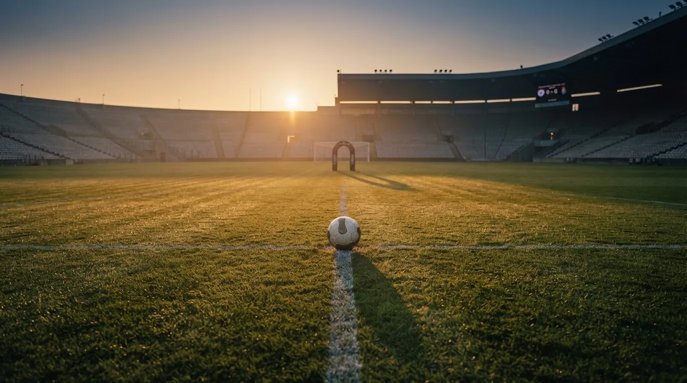 Ein Fußball liegt in der Mitte eines Rasens im Licht der tief stehenden Sonne, dahinter leere Sitzreihen.
