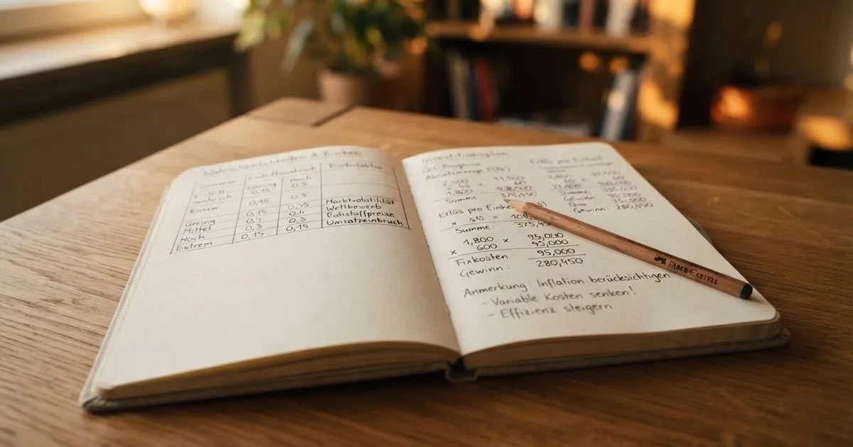 Ein Notizbuch mit handschriftlichen Notizen, einfachen Linien und Zahlenreihen liegt aufgeschlagen neben einem Bleistift auf einem Schreibtisch.