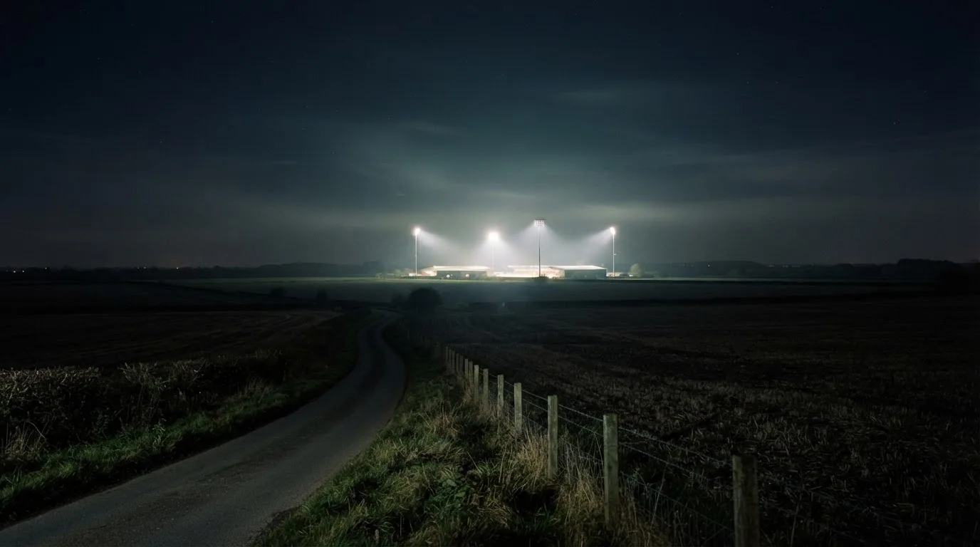 Ein Stadion unter Flutlicht aus der Ferne gesehen, davor eine dunkle Landschaft mit Feldern und einer Landstraße.