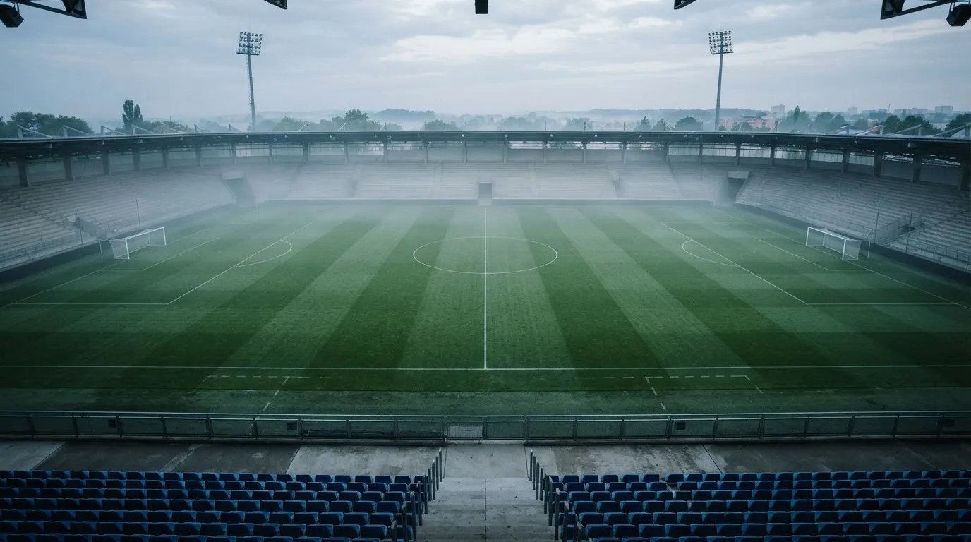 Ein Fußballfeld im Morgennebel aus erhöhter Position gesehen, Mittellinie und Tore sind sichtbar, keine Spieler auf dem Rasen.