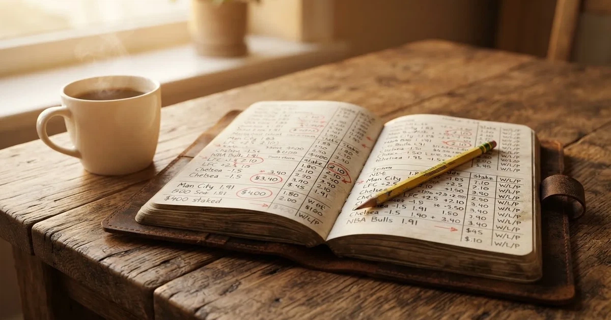 Ein Notizbuch mit handschriftlichen Notizen liegt neben einem Bleistift und einer Tasse Kaffee auf einem Holztisch.