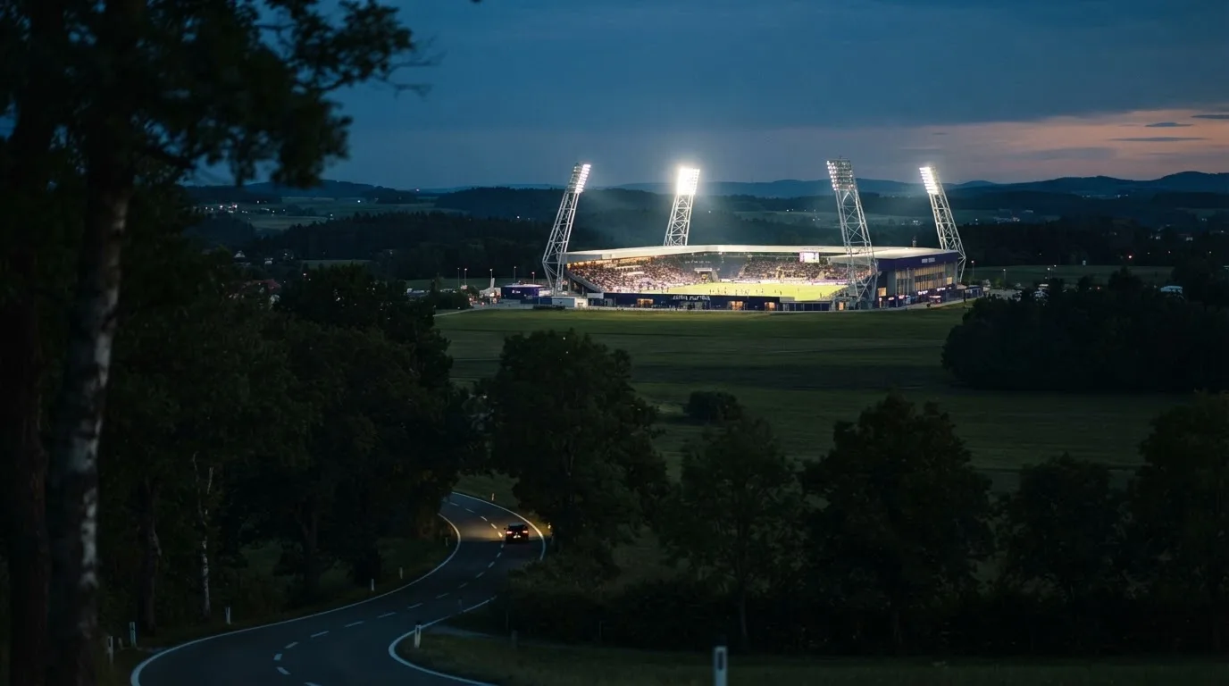 Ein Flutlichtstadion in der Dämmerung aus weiter Ferne, davor ein Wald und eine leere Straße.