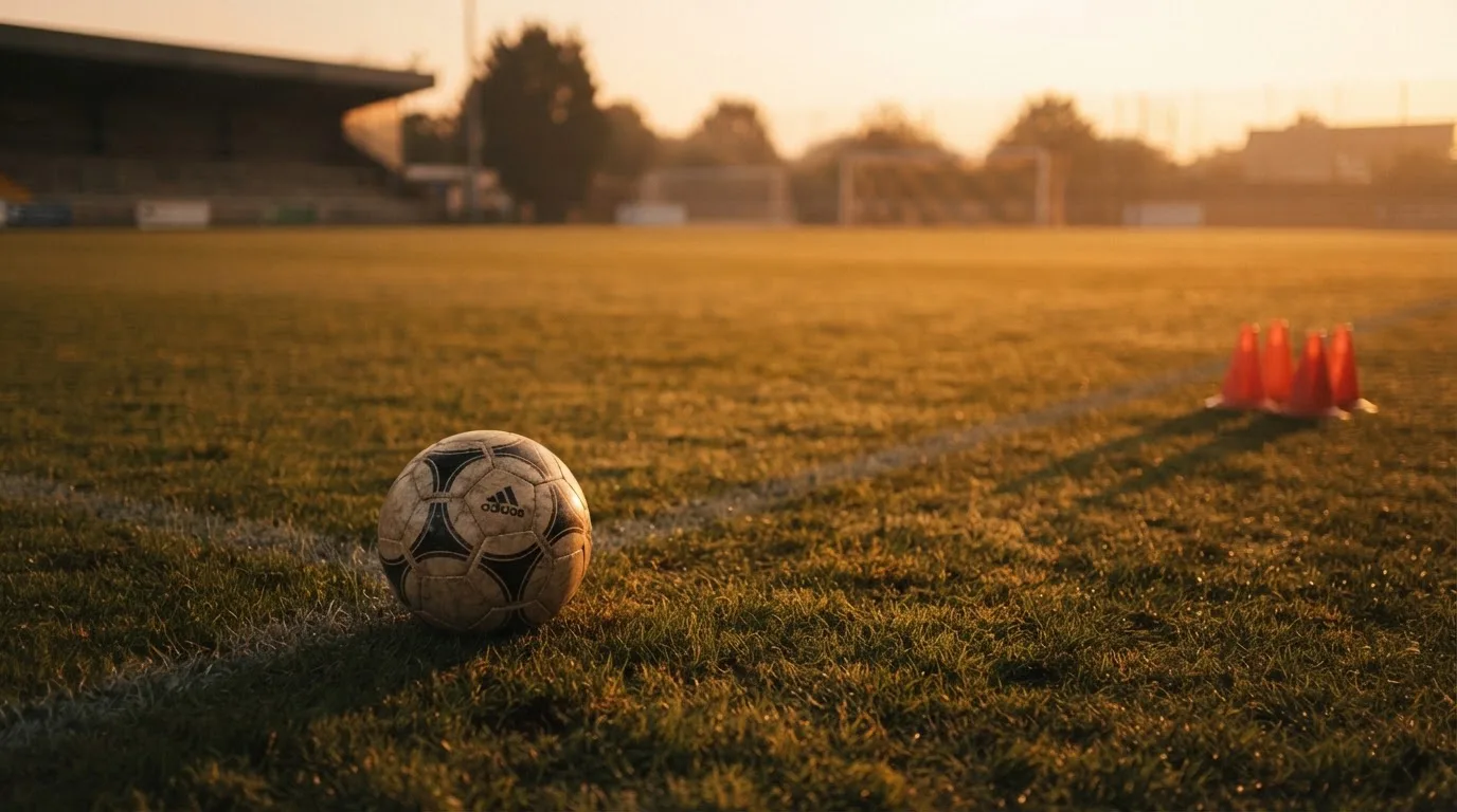Ein Fußball liegt auf einem Rasenplatz im Abendlicht, am Rand stehen ein paar Hütchen, niemand ist zu sehen.