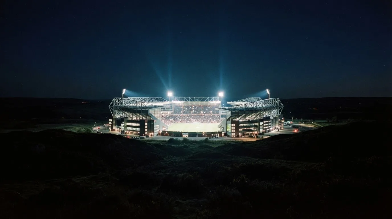 Ein Stadion unter Flutlicht aus großer Entfernung gesehen, darüber ein klarer Nachthimmel und davor dunkle Hügel.