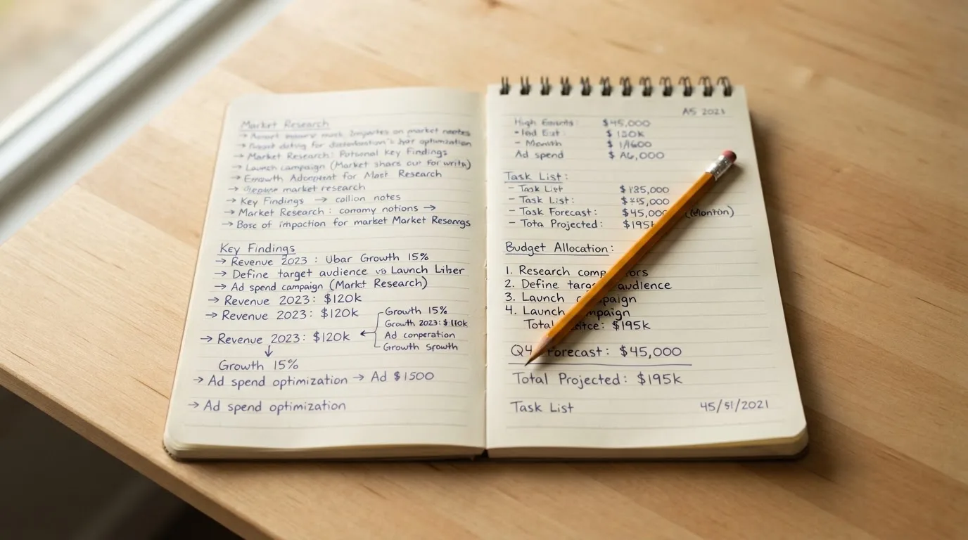 Ein aufgeschlagenes Notizbuch mit handschriftlichen Notizen liegt neben einem Bleistift auf einem hellen Holztisch.