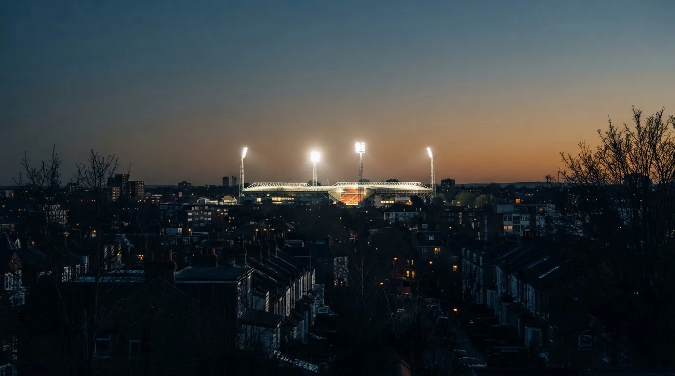 Ein Flutlichtstadion bei Dämmerung aus weiter Ferne gesehen, die Lichtmasten leuchten über Dächern und Bäumen.