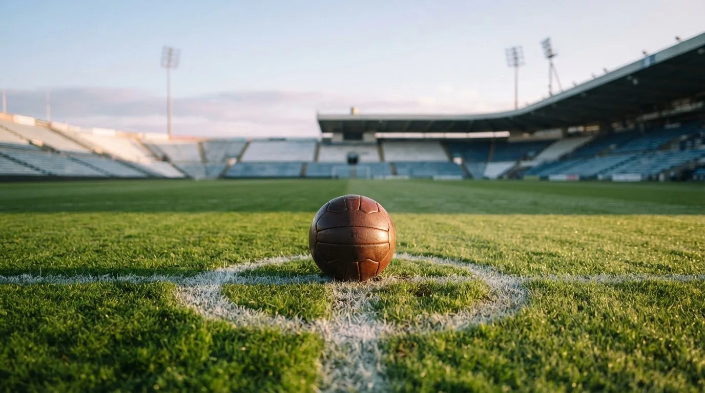 Ein Fußball liegt auf einem Rasenplatz im Morgenlicht, im Hintergrund eine ruhige Tribüne ohne Zuschauer.