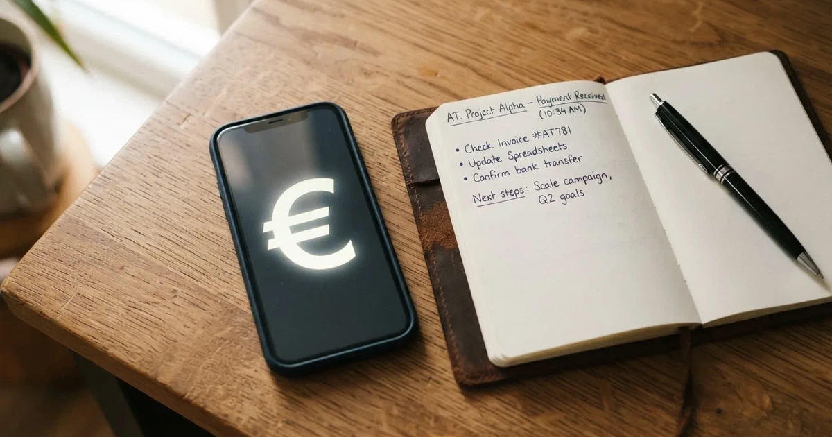 Eine geschlossene Geldbörse aus Leder liegt neben einem Schlüsselbund auf einem Holztisch im Licht eines Fensters.