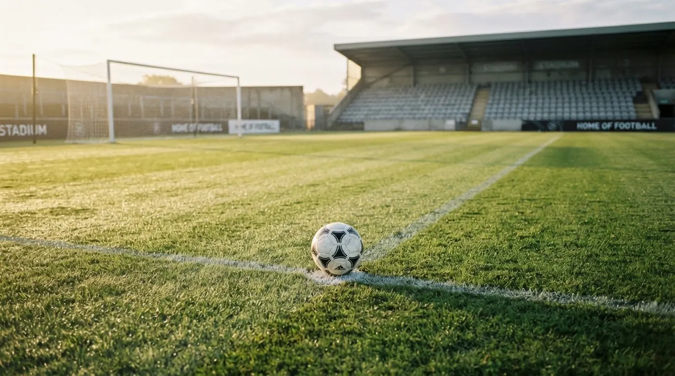 Ein Fußball liegt auf dem Elfmeterpunkt eines leeren Rasenplatzes im Morgenlicht, dahinter eine ruhige Tribüne ohne Zuschauer.
