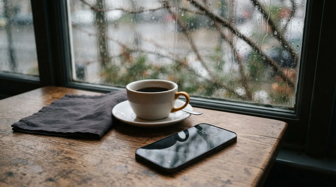 Ein Smartphone mit dunklem Display liegt neben einer Kaffeetasse auf einem Holztisch am Fenster, draußen fällt Regen.