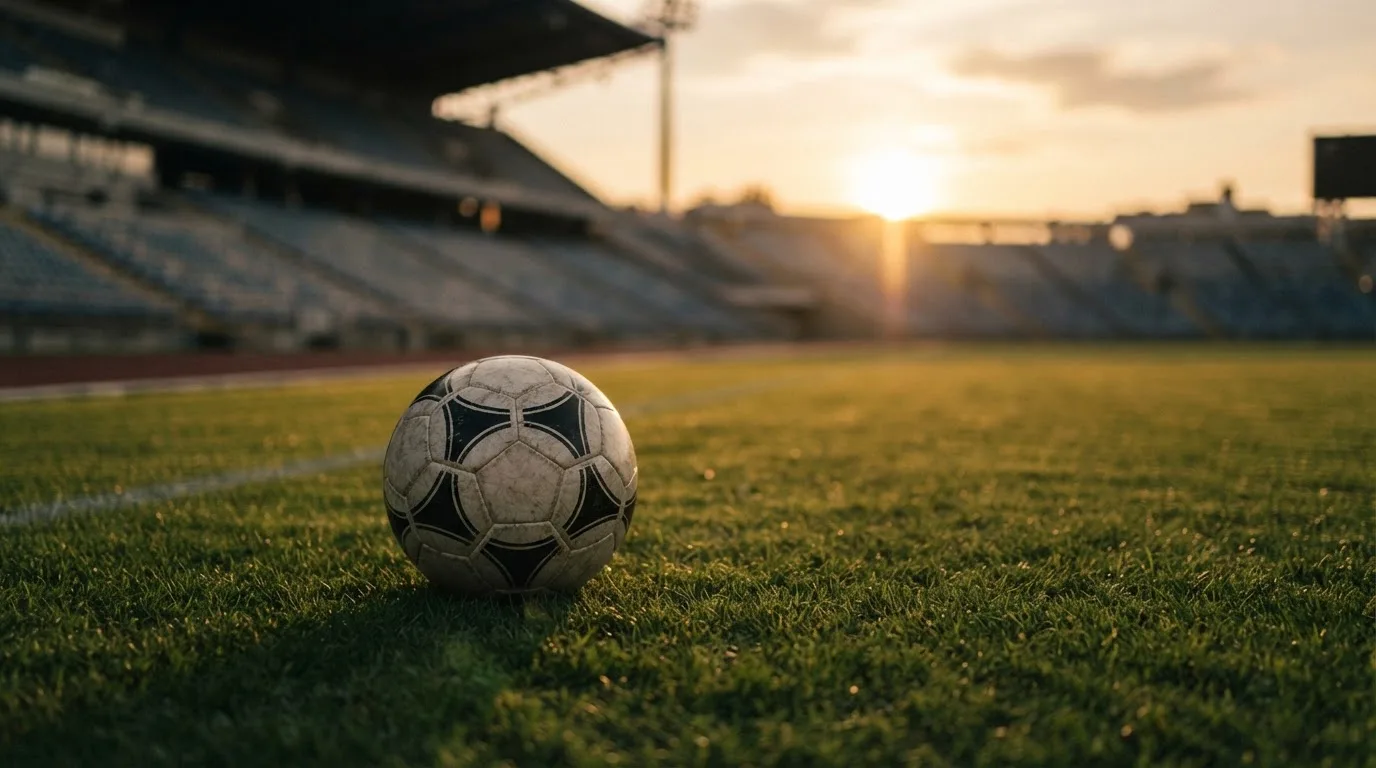 Ein Fußball liegt auf einem Rasen im Licht der tief stehenden Sonne, dahinter leere Sitzreihen.