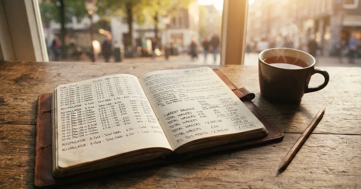 Ein Notizbuch mit handschriftlichen Notizen liegt neben einem Bleistift und einer Tasse Tee auf einem Schreibtisch am Fenster.