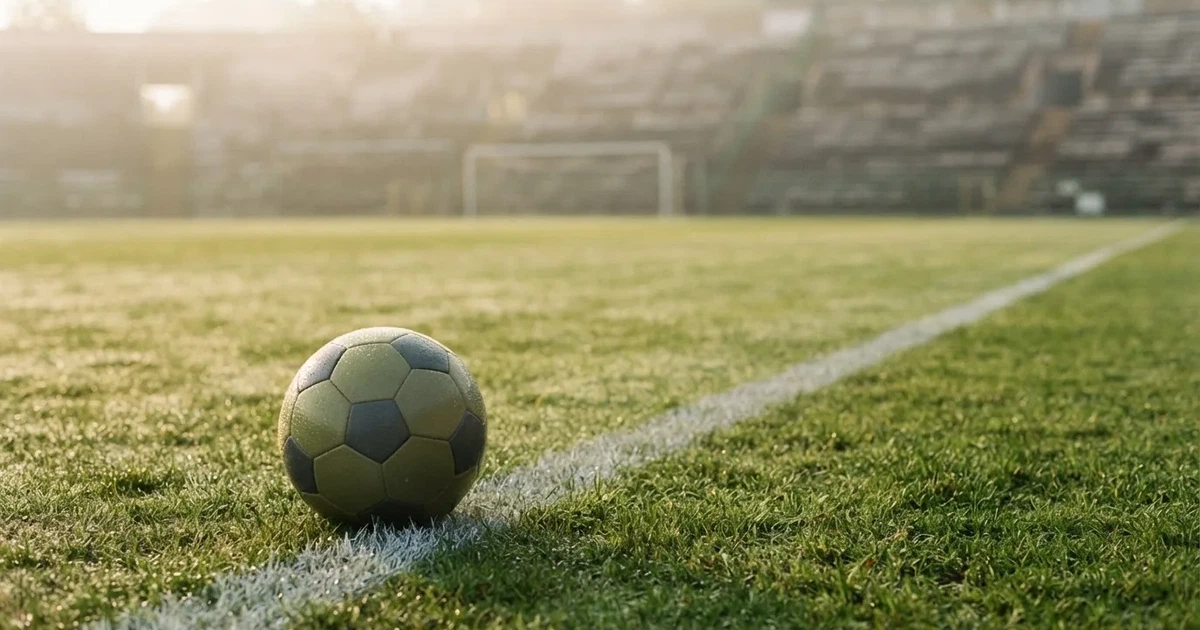 Ein Fußball liegt auf einem Rasenplatz im Morgenlicht, die Kreidelinie verläuft scharf durchs Bild, dahinter eine leere Tribüne.