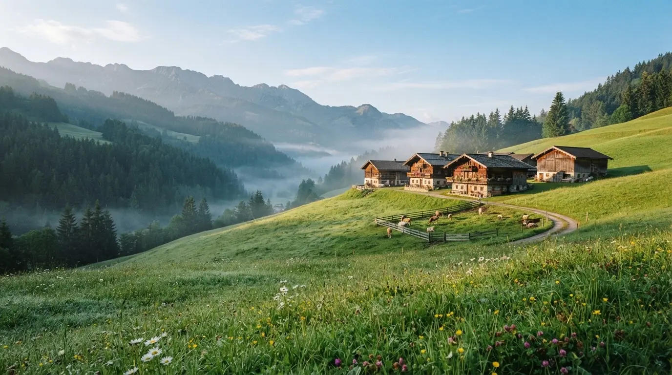 Eine Berglandschaft mit Wiesen und einzelnen Holzhäusern im Morgennebel, in der Ferne ein bewaldeter Hang.