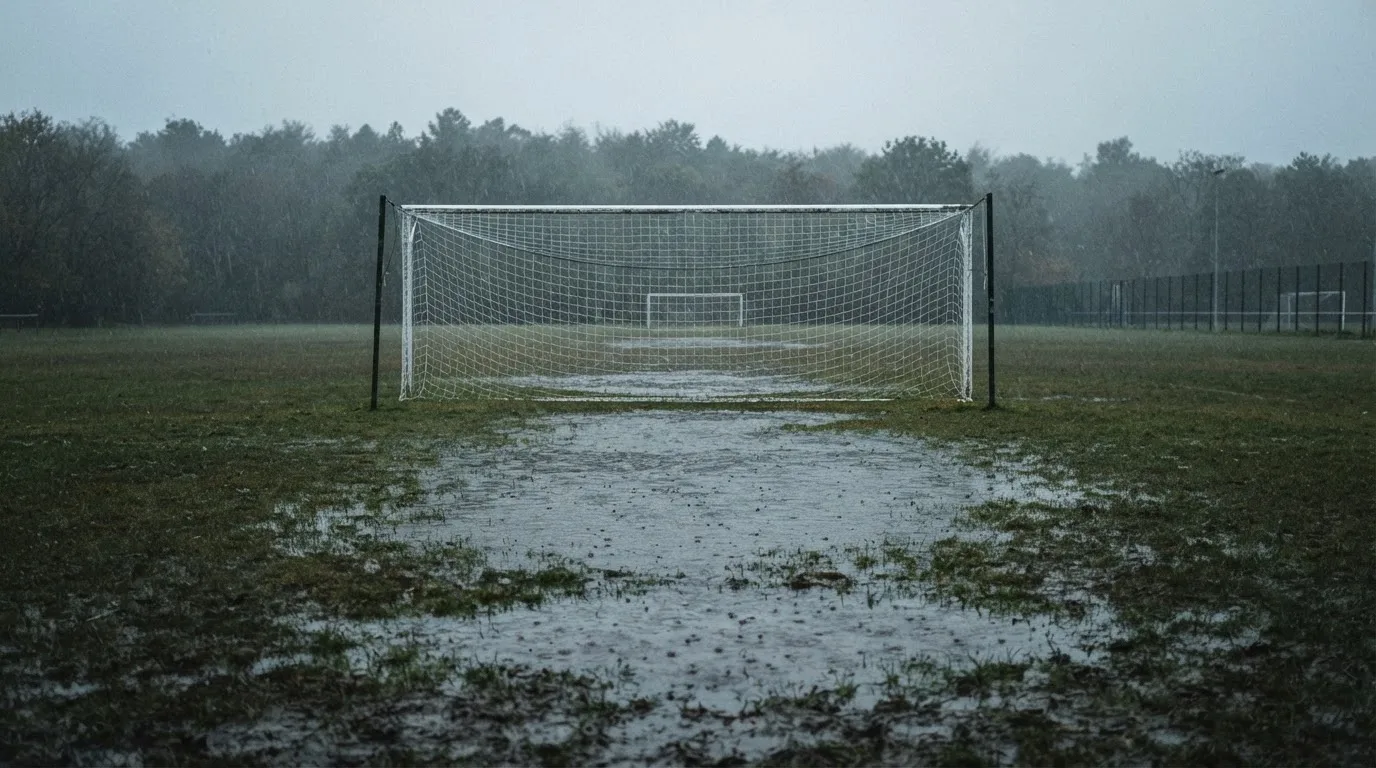 Ein Fußballtor mit Netz auf einem Trainingsplatz bei Regen, Pfützen stehen auf dem Rasen, niemand ist zu sehen.