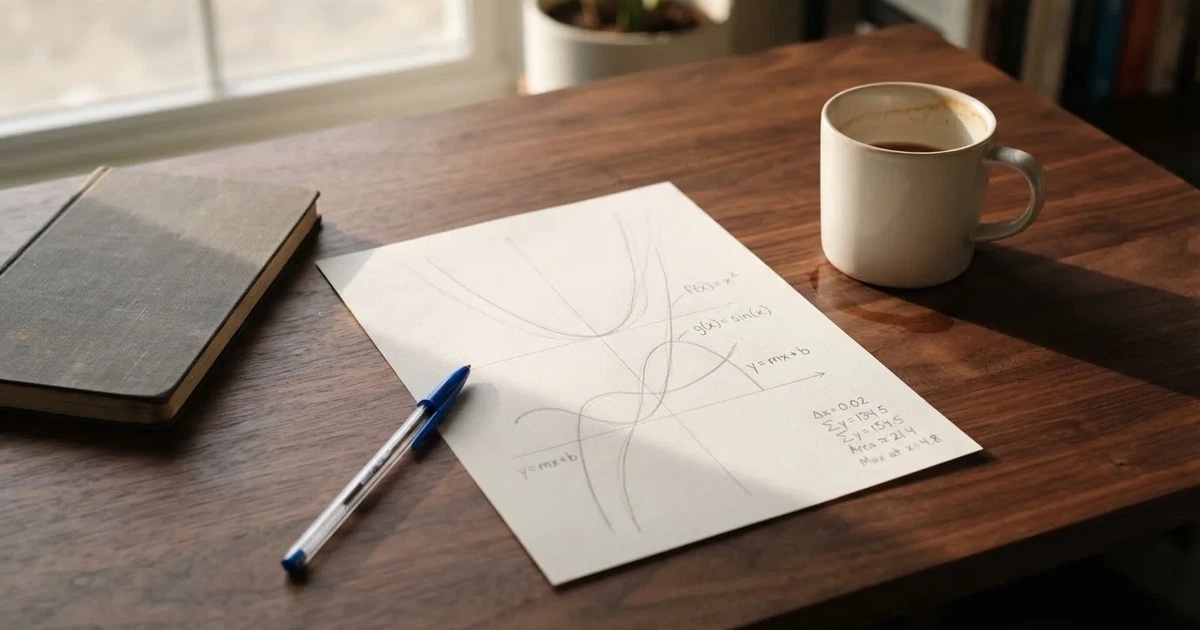 Ein Blatt Papier mit handgezeichneten Kurven und Bleistiftstrichen liegt auf einem Schreibtisch neben einer Tasse.