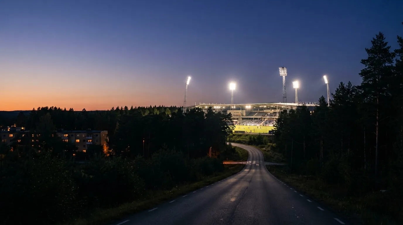 Ein Flutlichtstadion in der Dämmerung aus weiter Ferne, davor ein Wald und eine leere Straße.