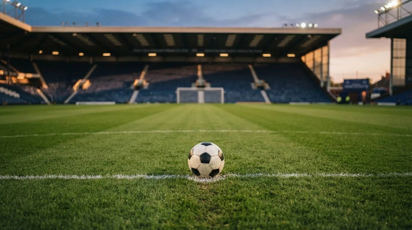 Ein Fußball liegt auf dem Elfmeterpunkt eines leeren Rasenplatzes im Abendlicht, dahinter eine ruhige Tribüne ohne Zuschauer.