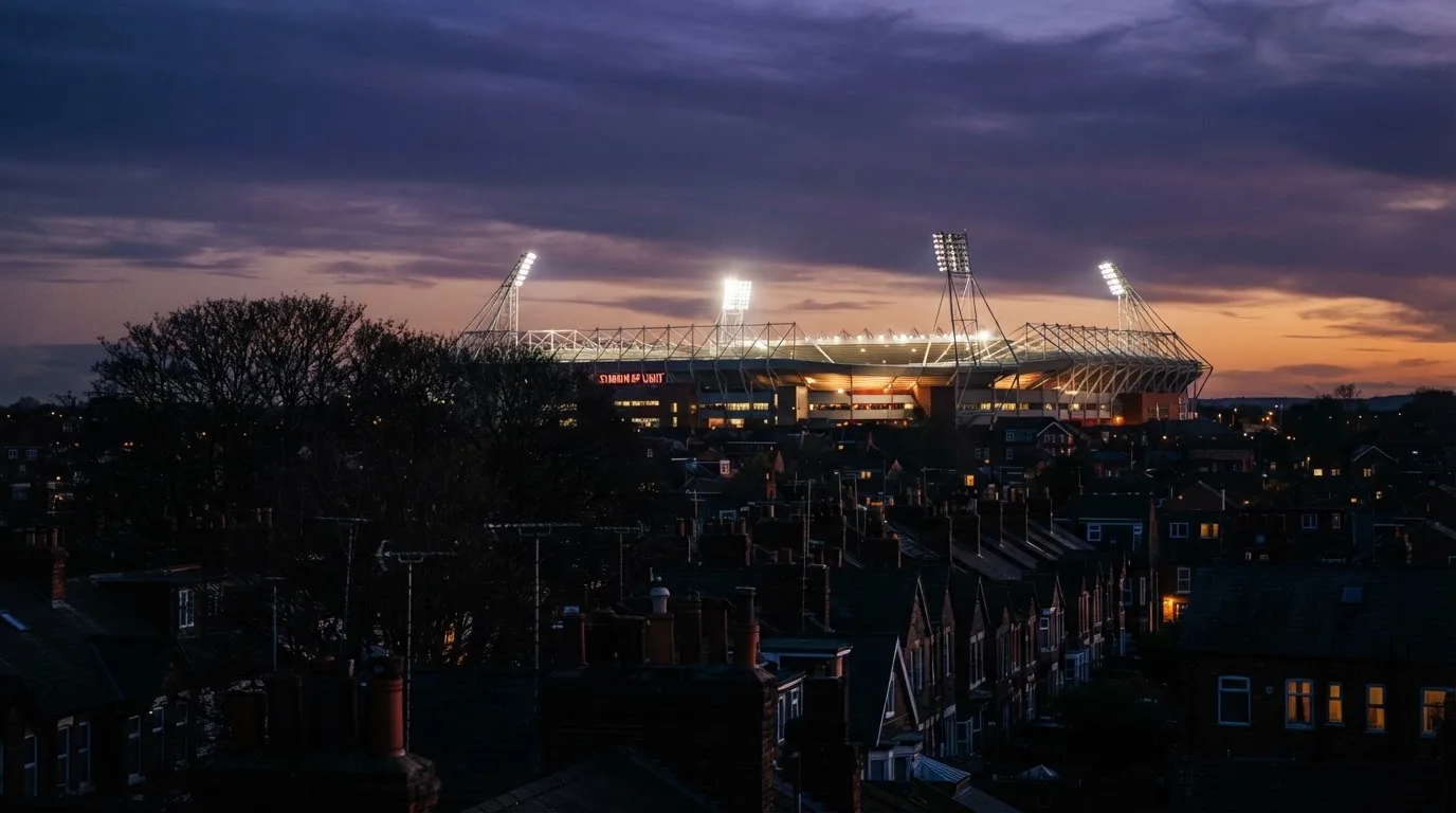 Ein Flutlichtstadion bei Dämmerung aus weiter Ferne gesehen, die Lichtmasten leuchten über Dächern und Bäumen.