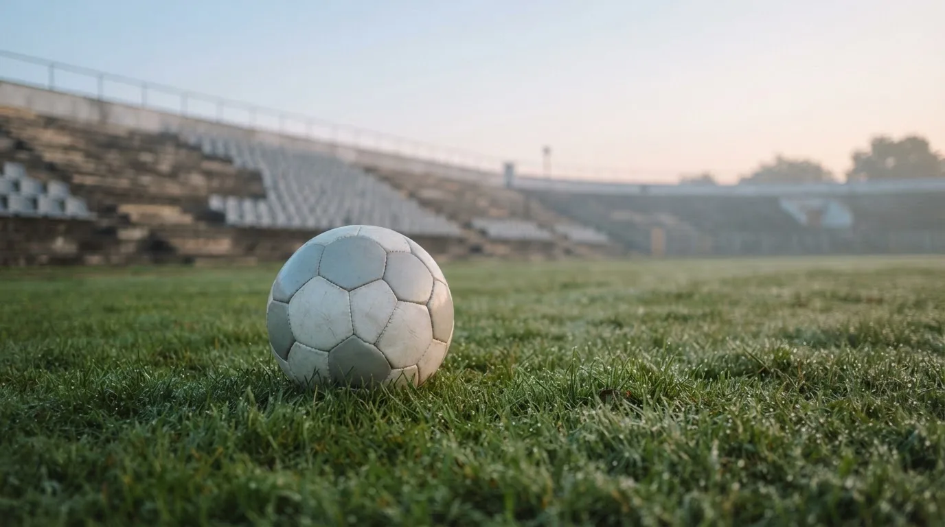 Ein Fußball liegt auf einem Rasenplatz im Morgenlicht, dahinter eine ruhige Tribüne ohne Zuschauer.