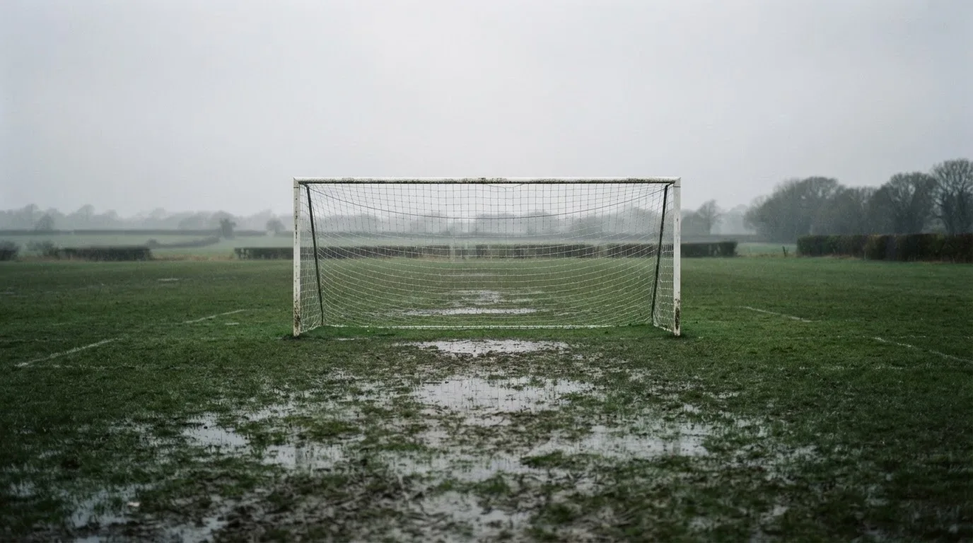 Ein Fußballtor mit Netz auf einem Trainingsplatz bei Regen, Pfützen stehen auf dem Rasen, niemand ist zu sehen.