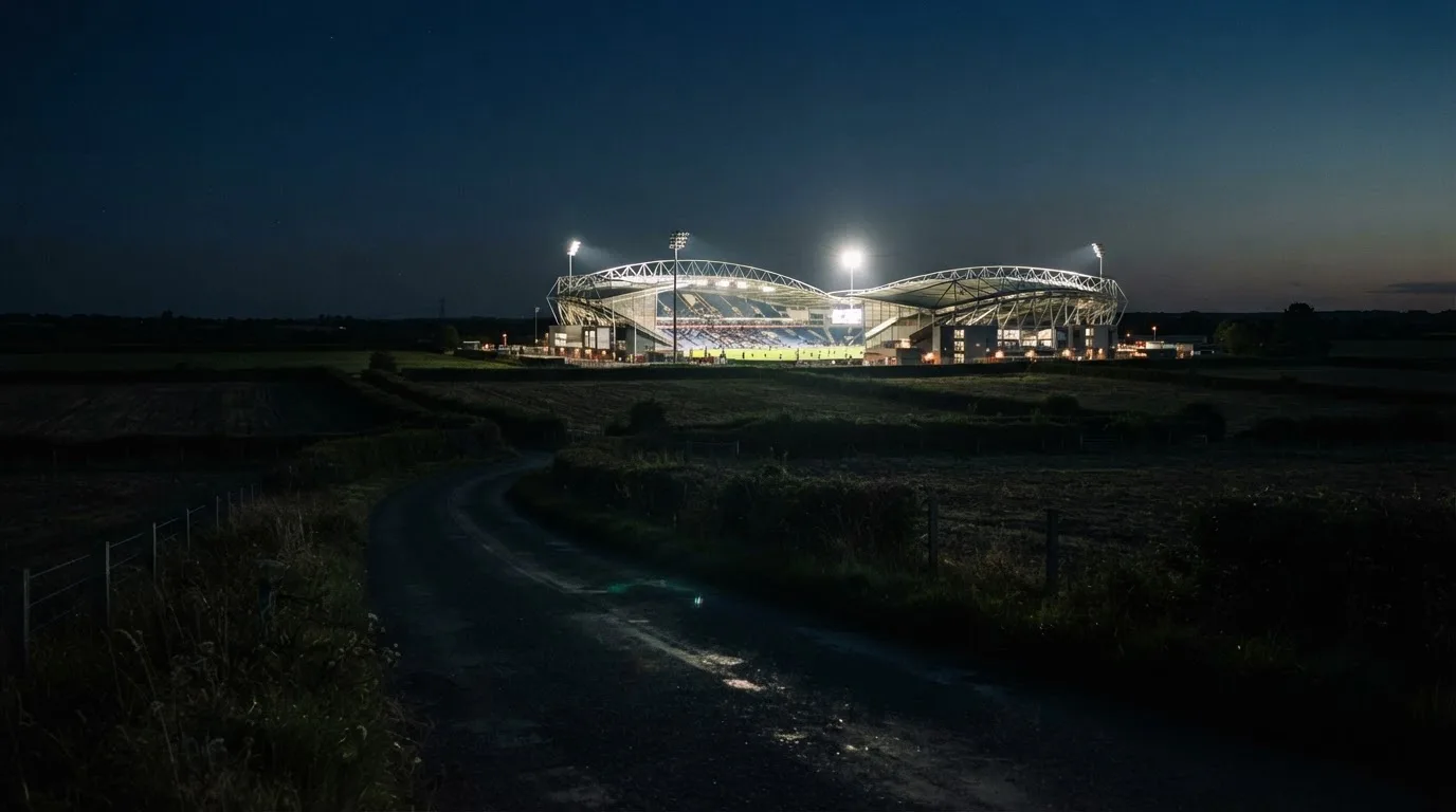 Ein Stadion unter Flutlicht aus der Ferne gesehen, davor eine dunkle Landschaft mit Feldern und einer Landstraße.
